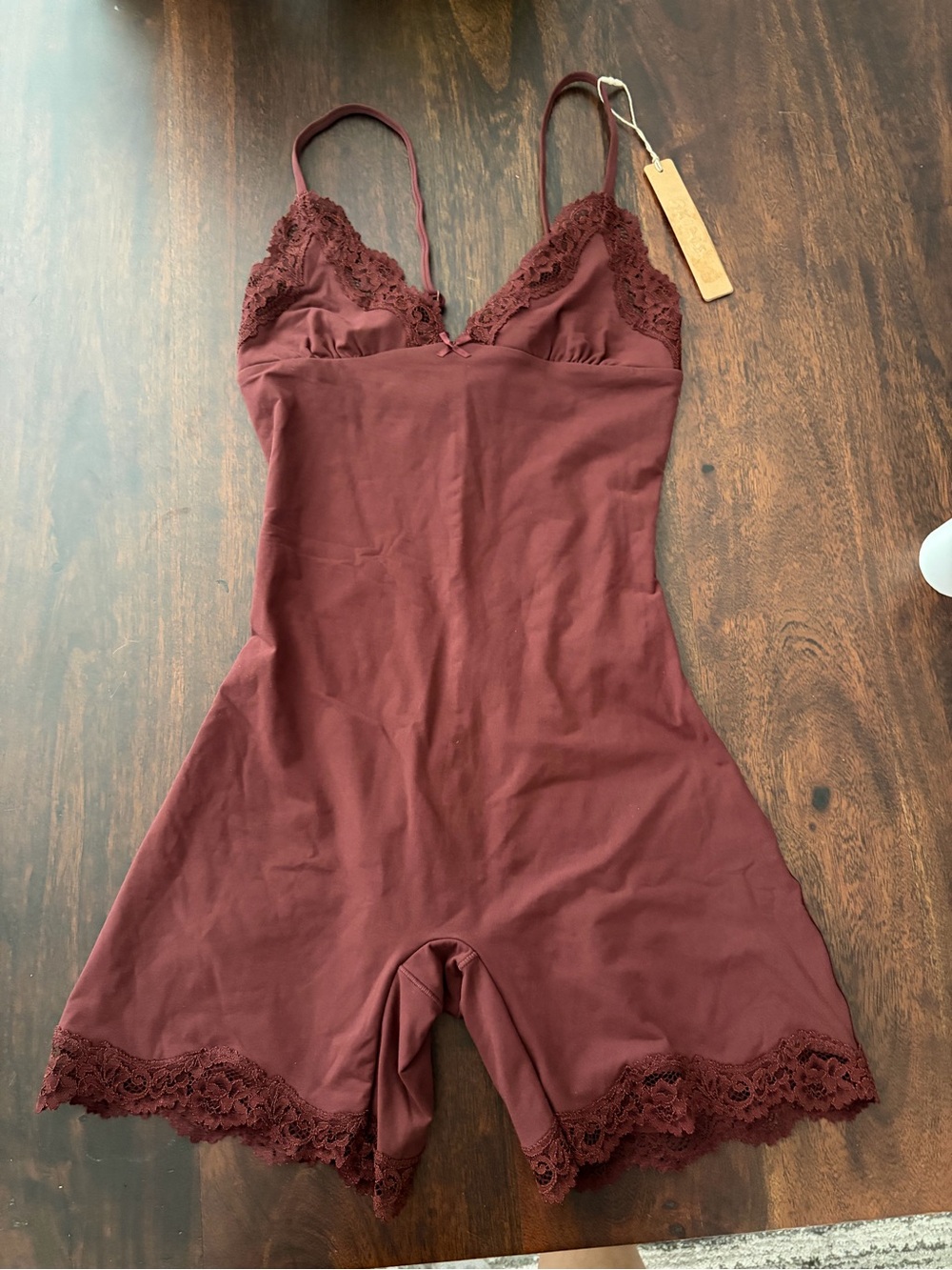 SKIMS Burgundy Lace-Trim Slip Romper